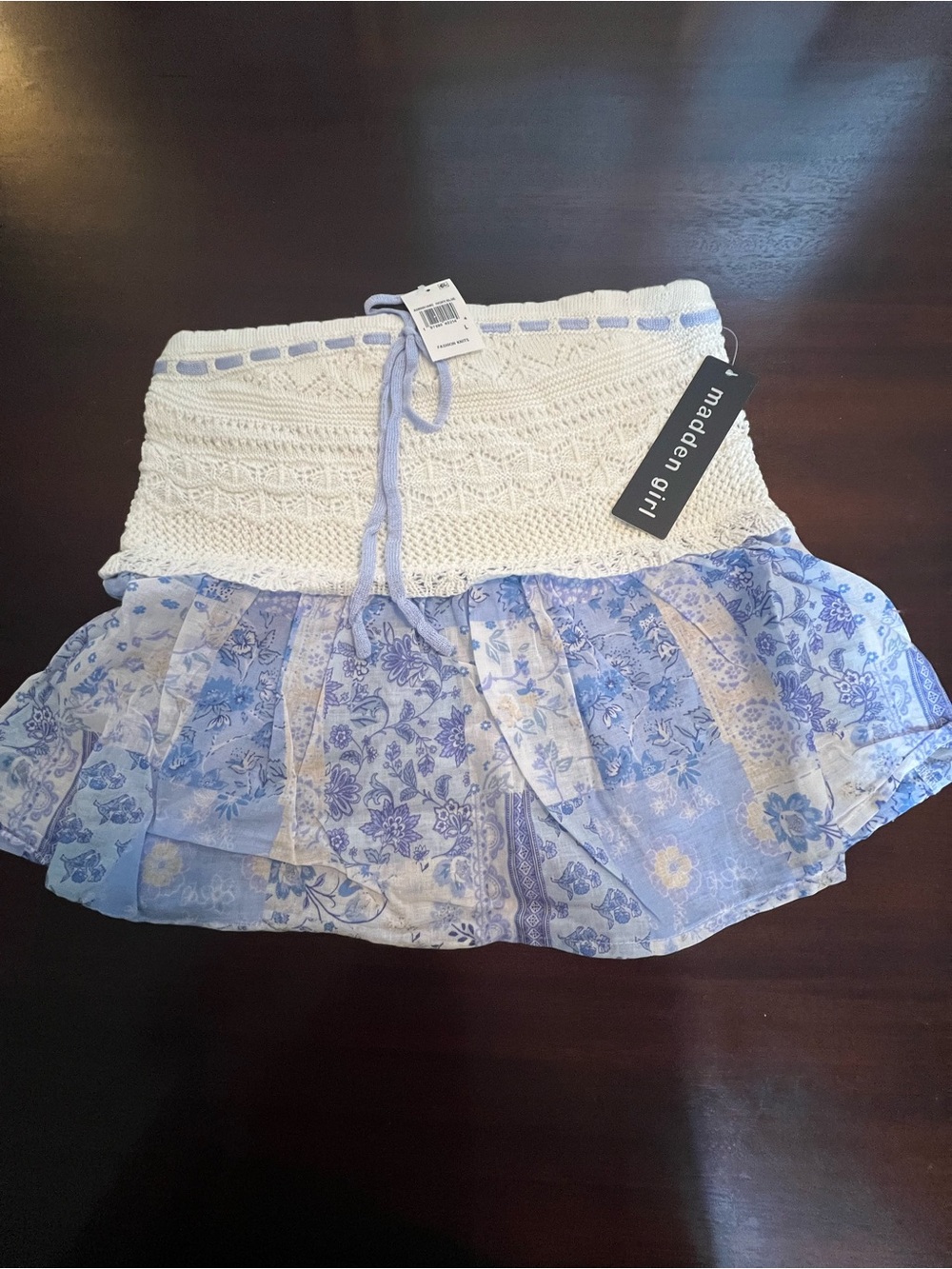 Madden Girl Junior Crotchet Strapless Cream And Floral Blue Top